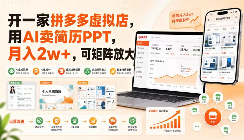 开一家拼多多虚拟店，用AI卖简历PPT，月入2w+，可矩阵放大【揭秘】网创项目-知识付费-在线课程-自媒体创业-网络副业-优利资源优利资源网