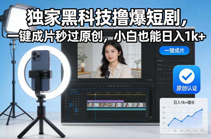 独家黑科技撸爆短剧，一键成片秒过原创，小白也能日入1k+【揭秘】网创项目-知识付费-在线课程-自媒体创业-网络副业-优利资源优利资源网