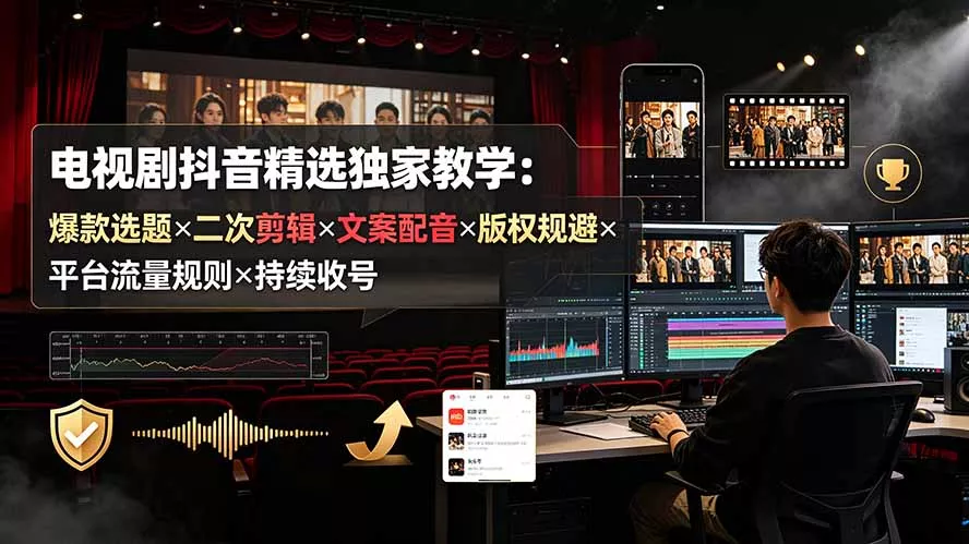 电视剧抖音精选独家教学：爆款选题×二次剪辑×文案配音×版权规避×平台流量规则×持续收益账号网创项目-知识付费-在线课程-自媒体创业-网络副业-优利资源优利资源网