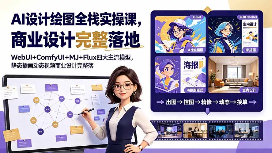 AI设计绘图全栈实操课，WebUI+ComfyUI+MJ+Flux四大主流模型，静态插画动态视频商业设计完整落地教程网创项目-知识付费-在线课程-自媒体创业-网络副业-优利资源优利资源网