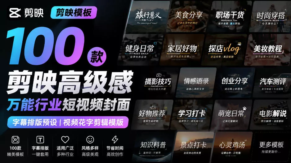 【剪映模板】100款剪映高级感万能行业短视频封面字幕排版预设视频花字剪辑模版网创项目-知识付费-在线课程-自媒体创业-网络副业-优利资源优利资源网