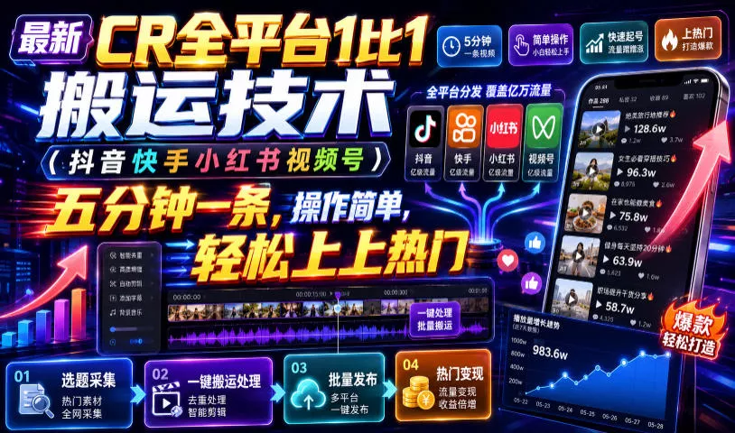 最新CR全平台1比1搬运技术(抖音快手小红书视频号)五分钟分钟一条，操作简单，轻松上热门(教程+软件+参数)网创项目-知识付费-在线课程-自媒体创业-网络副业-优利资源优利资源网