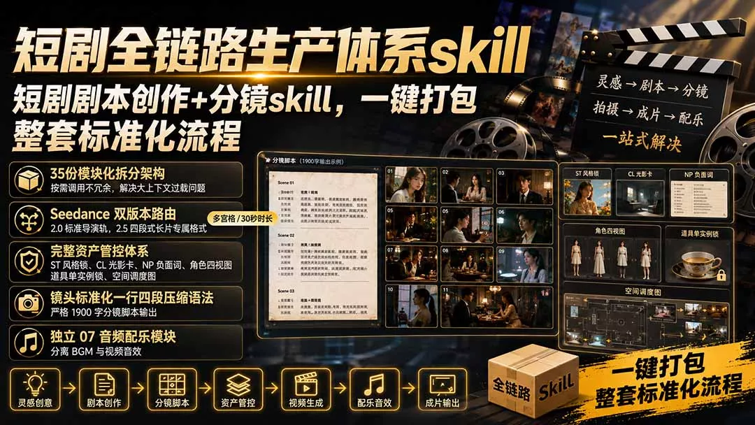 短剧全链路生产体系skill，短剧剧本创作+分镜skill，一键打包，整套标准化流程网创项目-知识付费-在线课程-自媒体创业-网络副业-优利资源优利资源网