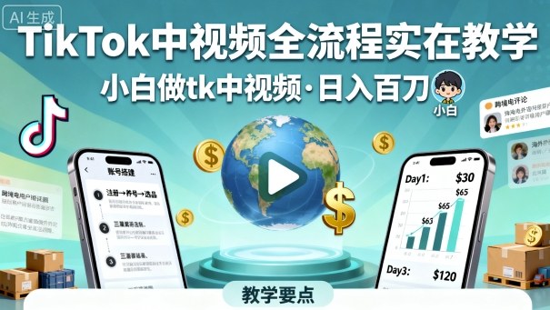 TikTok中视频全流程实操教学，小白做tk中视频，日入百刀网创项目-知识付费-在线课程-自媒体创业-网络副业-优利资源优利资源网