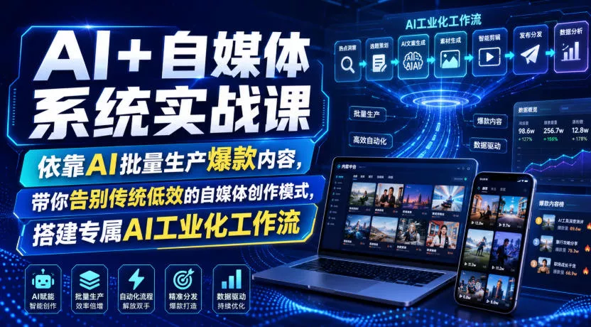 AI+自媒体系统实战课，依靠AI批量生产爆款内容，带你告别传统低效的自媒体创作模式，搭建专属AI工业化工作流网创项目-知识付费-在线课程-自媒体创业-网络副业-优利资源优利资源网