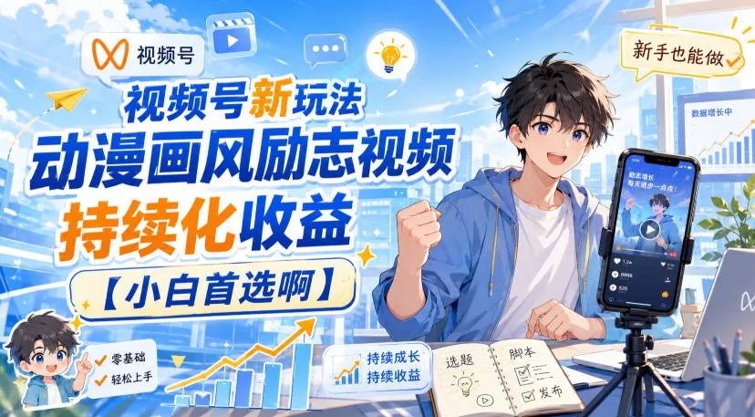 视频号新玩法动漫画风励志视频，持续化收益【小白首选啊】网创项目-知识付费-在线课程-自媒体创业-网络副业-优利资源优利资源网