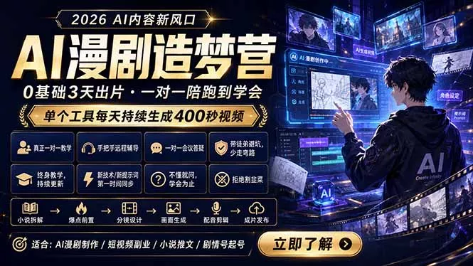 AI漫剧造梦营：0基础3天出片，单个工具每天持续生成400秒视频网创项目-知识付费-在线课程-自媒体创业-网络副业-优利资源优利资源网