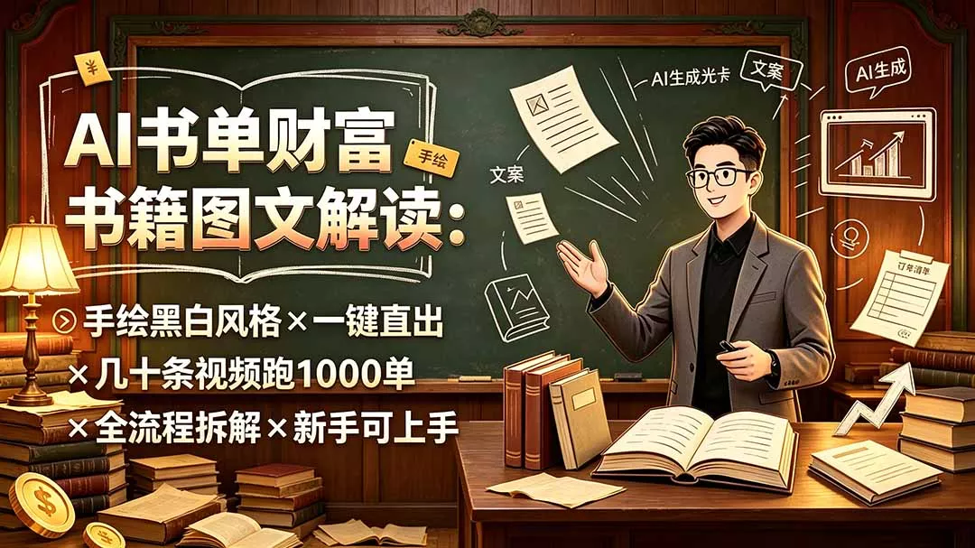AI书单财富书籍图文解读：手绘黑白风格×一键直出×几十条视频跑1000单×全流程拆解×新手可上手网创项目-知识付费-在线课程-自媒体创业-网络副业-优利资源优利资源网