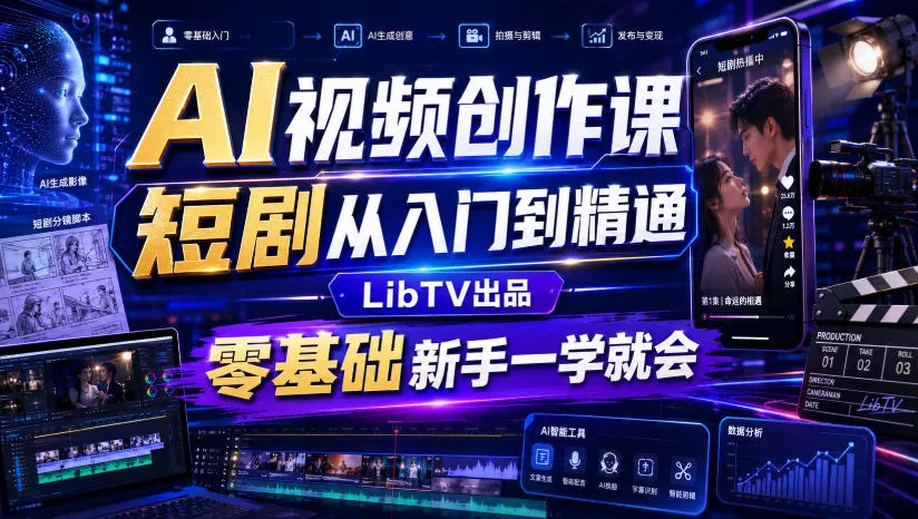 AI视频创作课，短剧从入门到精通，LibTV出品，零基础新手一学就会网创项目-知识付费-在线课程-自媒体创业-网络副业-优利资源优利资源网