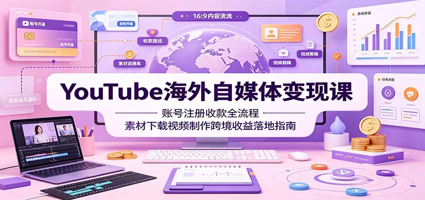 YouTube海外自媒体变现课：账号注册收款全流程，素材下载视频制作跨境收益落地指南网创项目-知识付费-在线课程-自媒体创业-网络副业-优利资源优利资源网
