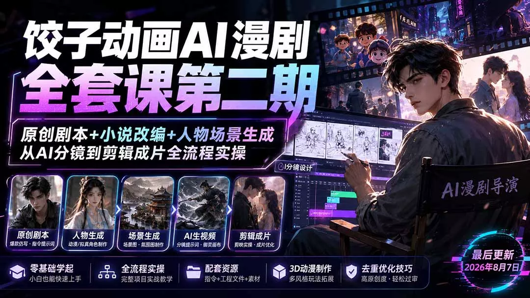 饺子动画AI漫剧全套课第二期：原创剧本+小说改编+人物场景生成，从AI分镜到剪辑成片全流程实操网创项目-知识付费-在线课程-自媒体创业-网络副业-优利资源优利资源网
