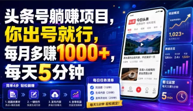 头条号躺賺项目，你出号就行，每月多賺1000+，每天5分钟，坐等分米【揭秘】网创项目-知识付费-在线课程-自媒体创业-网络副业-优利资源优利资源网