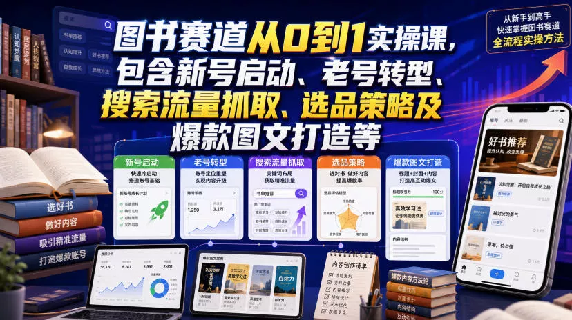 图书赛道从0到1实操课，包含新号启动、老号转型、搜索流量抓取、选品策略及爆款图文打造等网创项目-知识付费-在线课程-自媒体创业-网络副业-优利资源优利资源网