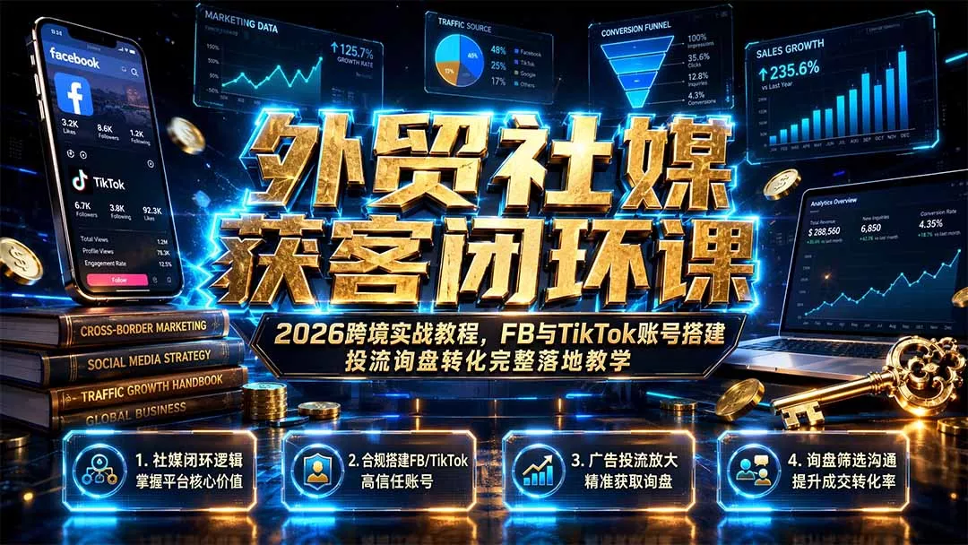 外贸社媒获客闭环课｜2026跨境实战教程，FB与TikTok账号搭建投流询盘转化完整落地教学网创项目-知识付费-在线课程-自媒体创业-网络副业-优利资源优利资源网