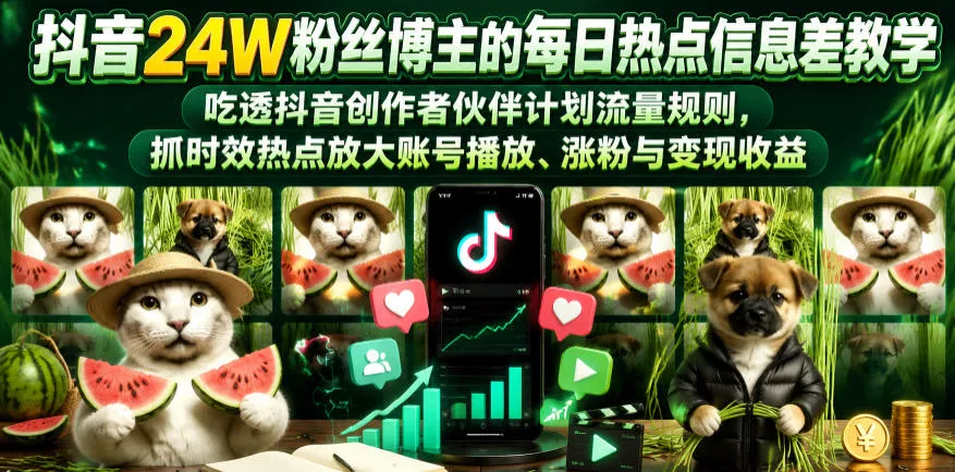 抖音24W粉丝博主的每日热点信息差教学，吃透创作者伙伴计划流量规则，抓时效热点放大账号播放、涨粉与变现收益(更新)网创项目-知识付费-在线课程-自媒体创业-网络副业-优利资源优利资源网