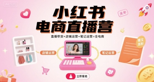 小红书电商直播营，直播带货+店铺运营+笔记运营=全电商网创项目-知识付费-在线课程-自媒体创业-网络副业-优利资源优利资源网