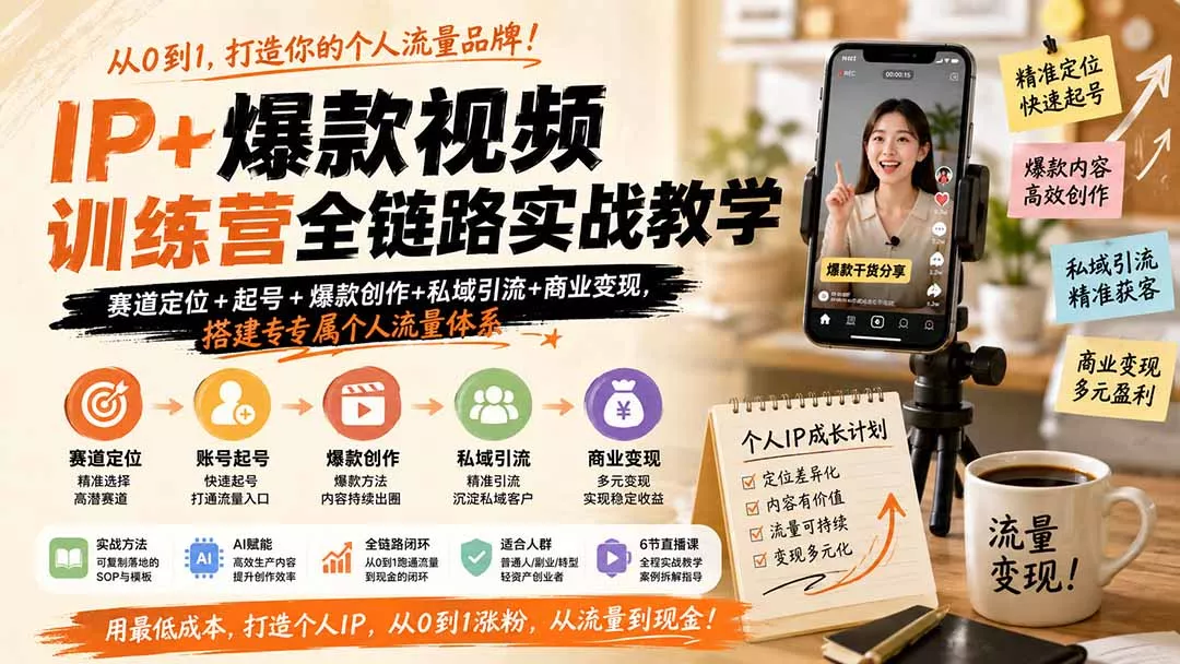 IP+爆款视频训练营全链路实战教学；赛道定位+起号+爆款创作+私域引流+商业变现，搭建专属个人流量体系网创项目-知识付费-在线课程-自媒体创业-网络副业-优利资源优利资源网