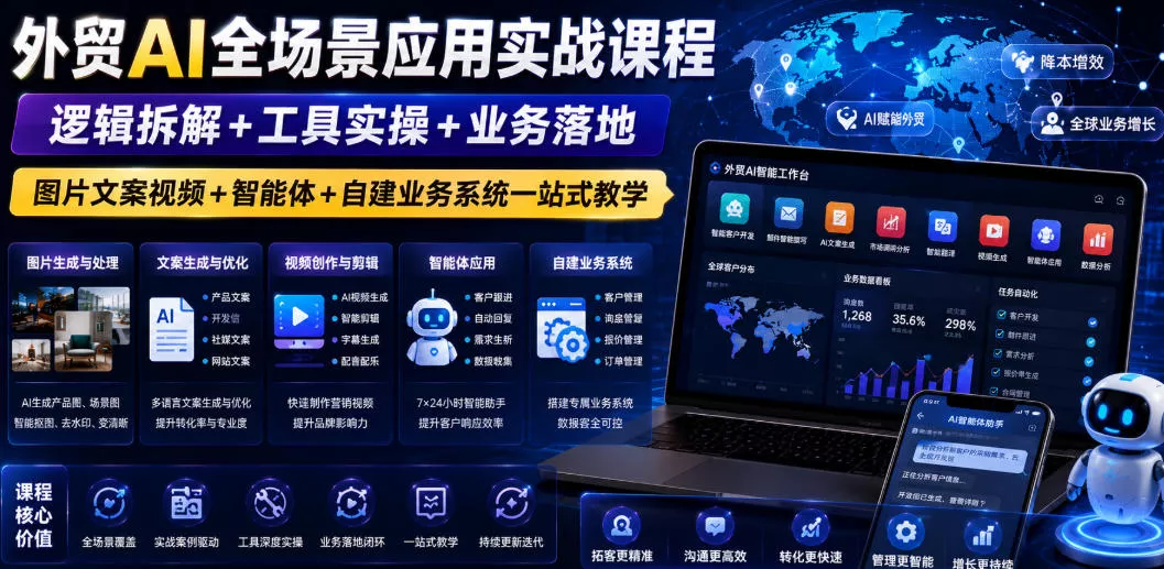 外贸AI全场景应用实战课程｜逻辑拆解+工具实操+业务落地，图片文案视频+智能体+自建业务系统一站式教学网创项目-知识付费-在线课程-自媒体创业-网络副业-优利资源优利资源网