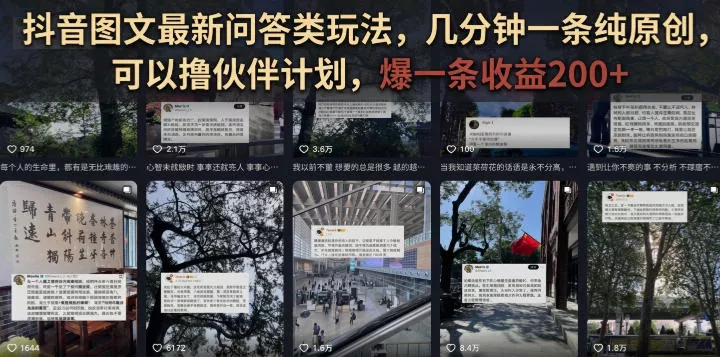抖音图文最新问答类玩法，几分钟一条纯原创，可以撸伙伴计划，爆一条收益200+网创项目-知识付费-在线课程-自媒体创业-网络副业-优利资源优利资源网