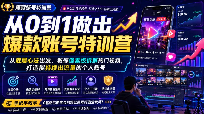 从0到1做出爆款账号特训营，从底层心法出发，教你像素级拆解热门视频，打造能持续出流量的个人账号网创项目-知识付费-在线课程-自媒体创业-网络副业-优利资源优利资源网