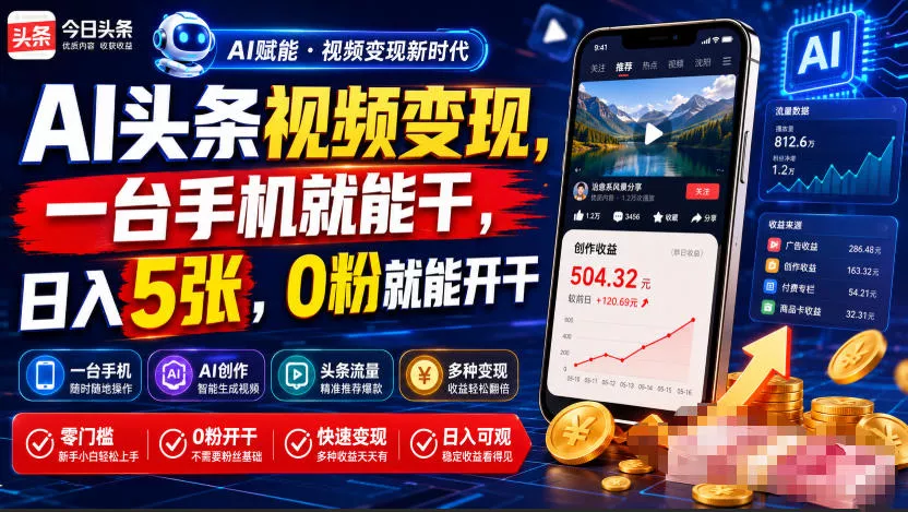 AI头条视频变现，一台手机就能干，日入5张，0粉就能开干网创项目-知识付费-在线课程-自媒体创业-网络副业-优利资源优利资源网