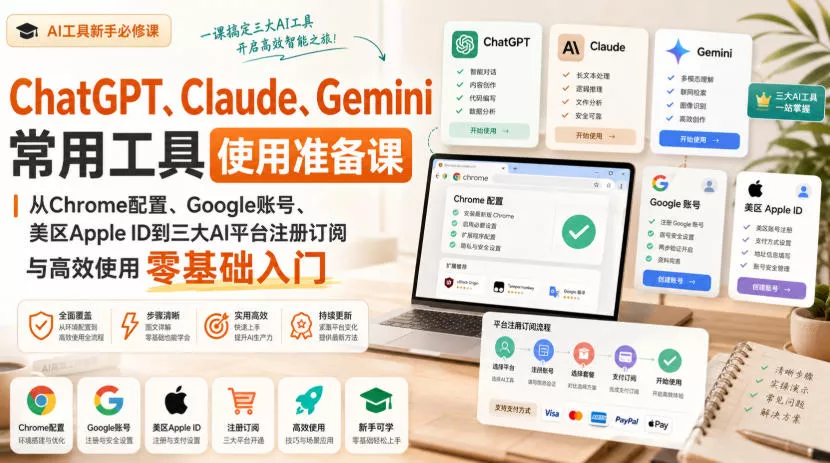 ChatGPT、Claude、Gemini常用工具使用准备课|从Chrome配置、Google账号、美区Apple ID到三大AI平台注册订阅与高效使用零基础入门 ChatGPT、Claude、Gemini常用工具使用准备课|从Chrome配置、Google账号、美区Apple ID到三大AI平台注册订阅与高效使用零基础入门