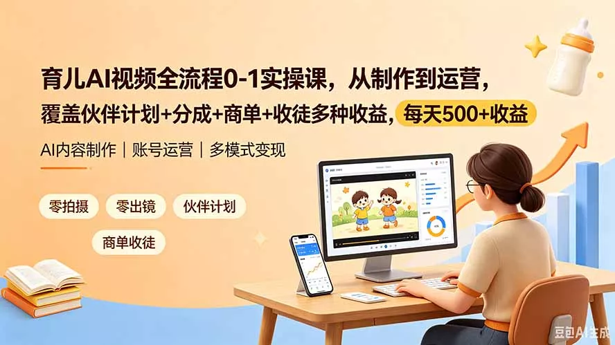 育儿AI视频全流程0-1实操课，从制作到运营，覆盖伙伴计划+分成+商单+收徒多种收益，每天500+收益网创项目-知识付费-在线课程-自媒体创业-网络副业-优利资源优利资源网