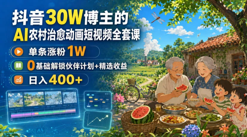 抖音30W博主的AI农村治愈动画短视频全套课｜单条涨粉1W，0基础解锁伙伴计划+精选收益，日入400+网创项目-知识付费-在线课程-自媒体创业-网络副业-优利资源优利资源网