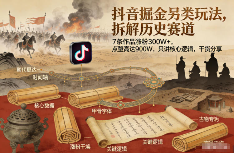 抖音掘金另类玩法，拆解历史赛道，7条作品涨粉300W+，点赞量高达900W，只讲核心逻辑，干货分享网创项目-知识付费-在线课程-自媒体创业-网络副业-优利资源优利资源网