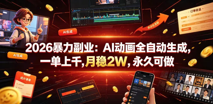 2026暴力副业：AI动画全自动生成，一单上千，月稳2W，永久可做【揭秘】网创项目-知识付费-在线课程-自媒体创业-网络副业-优利资源优利资源网