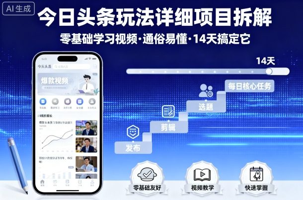今日头条玩法详细项目拆解，零基础学习视频 通俗易懂 14天搞定它网创项目-知识付费-在线课程-自媒体创业-网络副业-优利资源优利资源网