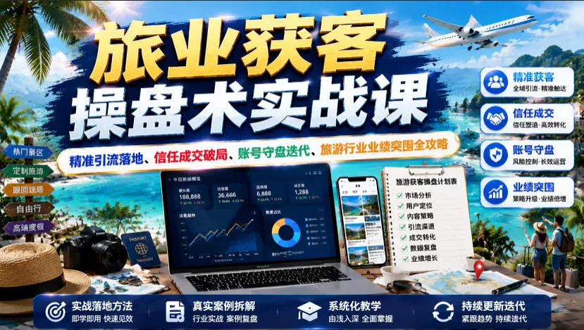 旅业获客操盘术实战课｜精准引流落地、信任成交破局、账号守盘迭代、旅游行业业绩突围全攻略网创项目-知识付费-在线课程-自媒体创业-网络副业-优利资源优利资源网