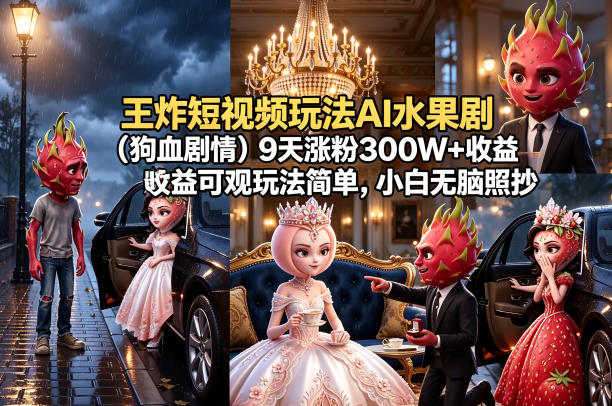 王炸短视频玩法AI水果剧(狗血剧情)9天涨粉300W+收益可观玩法简单，小白无脑照抄，详细拆解玩法网创项目-知识付费-在线课程-自媒体创业-网络副业-优利资源优利资源网