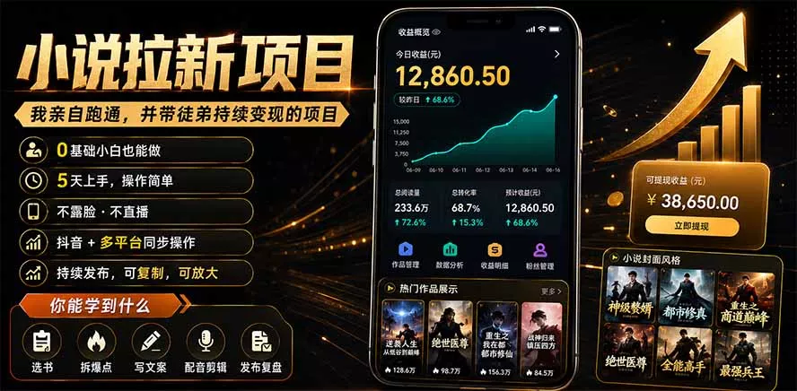 抖音及多平台小说拉新项目：我亲自跑通并持续带徒弟实操｜0基础小白5天上手快速变现网创项目-知识付费-在线课程-自媒体创业-网络副业-优利资源优利资源网