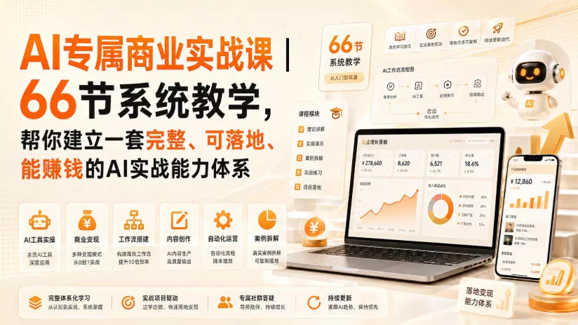 AI专属商业实战课｜66节系统教学，帮你建立一套完整、可落地、能賺钱的AI实战能力体系网创项目-知识付费-在线课程-自媒体创业-网络副业-优利资源优利资源网