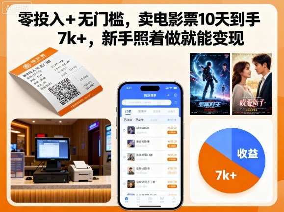 零投入+无门槛，卖电影票10天到手7k+，新手照着做就能变现【揭秘】网创项目-知识付费-在线课程-自媒体创业-网络副业-优利资源优利资源网