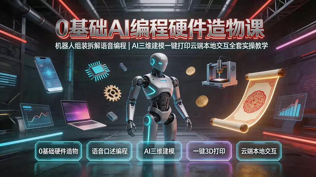 0基础AI编程硬件造物课｜机器人组装拆解语音编程，AI三维建模一键打印云端本地交互全套实操教学网创项目-知识付费-在线课程-自媒体创业-网络副业-优利资源优利资源网