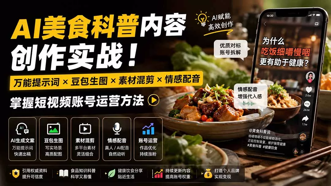 外面卖199元-AI美食科普内容创作实战！万能提示词×豆包生图×素材混剪×情感配音，掌握短视频账号运营方法网创项目-知识付费-在线课程-自媒体创业-网络副业-优利资源优利资源网