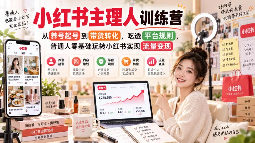 小红书主理人训练营，从养号起号到带货转化，吃透平台规则，普通人零基础玩转小红书实现流量变现网创项目-知识付费-在线课程-自媒体创业-网络副业-优利资源优利资源网