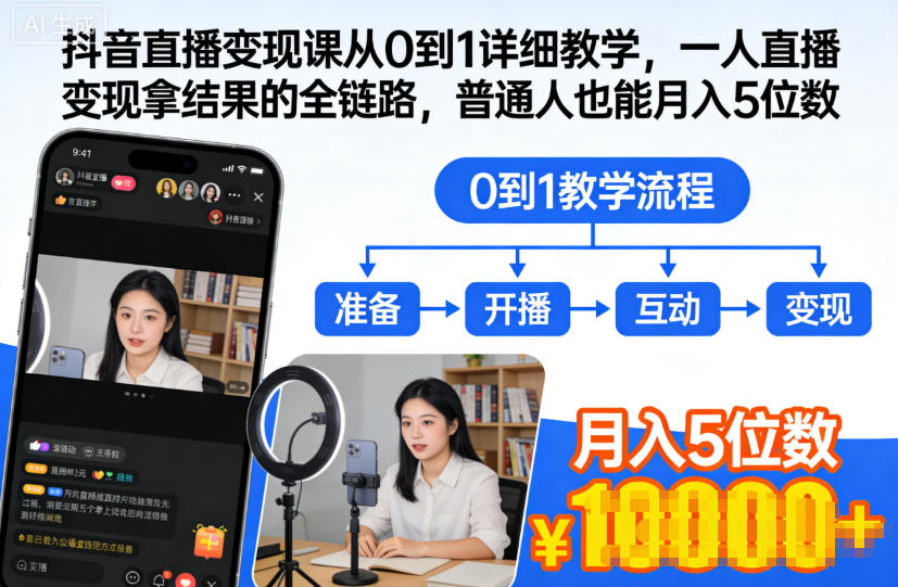 抖音直播变现课从0到1详细教学，一人直播变现拿结果的全链路，普通人也能月入5位数网创项目-知识付费-在线课程-自媒体创业-网络副业-优利资源优利资源网