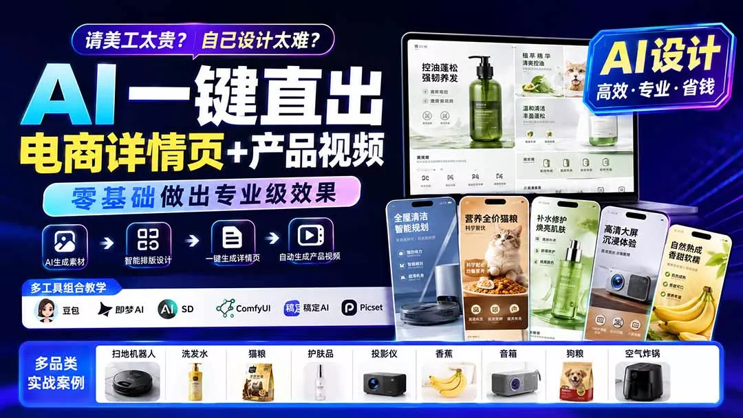请美工太贵？自己设计太难？AI一键直出电商详情页+产品视频，零基础做出专业级效果 (更新0820