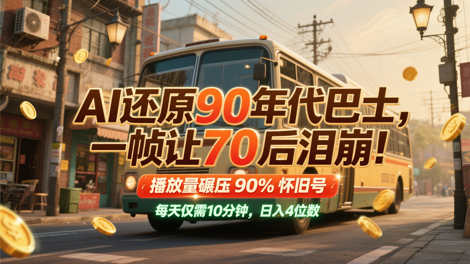AI还原90年代巴士，一帧让70后泪崩！播放量碾压90%怀旧号，每天10分钟，日入4位数网创项目-知识付费-在线课程-自媒体创业-网络副业-优利资源优利资源网