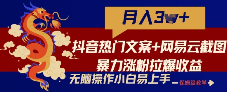 抖音热门文案+网易云截图暴力涨粉拉爆收益玩法，小白无脑操作，简单易上手【揭秘】网创项目-知识付费-在线课程-自媒体创业-网络副业-优利资源优利资源网