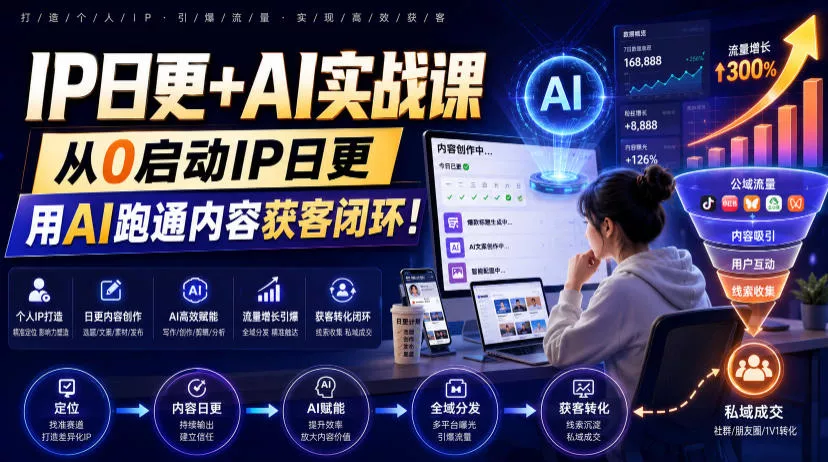 IP日更+AI实战课，从0启动IP日更，IP置顶视频制作+100条选题库搭建+10条日更规划，用AI跑通内容获客闭环!网创项目-知识付费-在线课程-自媒体创业-网络副业-优利资源优利资源网