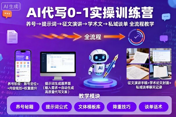 AI代写0-1实操训练营，从养号、提示词、征文演讲、学术文，到私域谈单的全流程教学网创项目-知识付费-在线课程-自媒体创业-网络副业-优利资源优利资源网