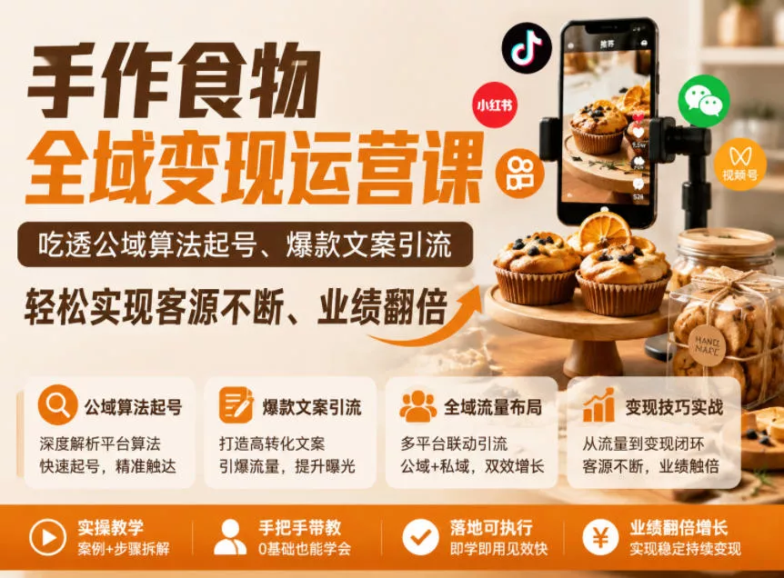 手作食物全域变现运营课，吃透公域算法起号、爆款文案引流，轻松实现客源不断、业绩翻倍网创项目-知识付费-在线课程-自媒体创业-网络副业-优利资源优利资源网