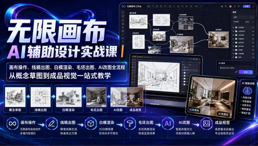 无限画布AI辅助设计实战课｜画布操作、线稿出图、白模渲染、毛坯出图、AI改图全流程，从概念草图到成品视觉一站式教学网创项目-知识付费-在线课程-自媒体创业-网络副业-优利资源优利资源网