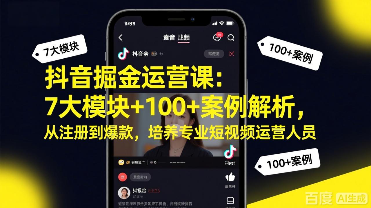 抖音掘金运营课：7大模块+100+案例解析，从注册到爆款，培养专业短视频运营人员网创项目-知识付费-在线课程-自媒体创业-网络副业-优利资源优利资源网