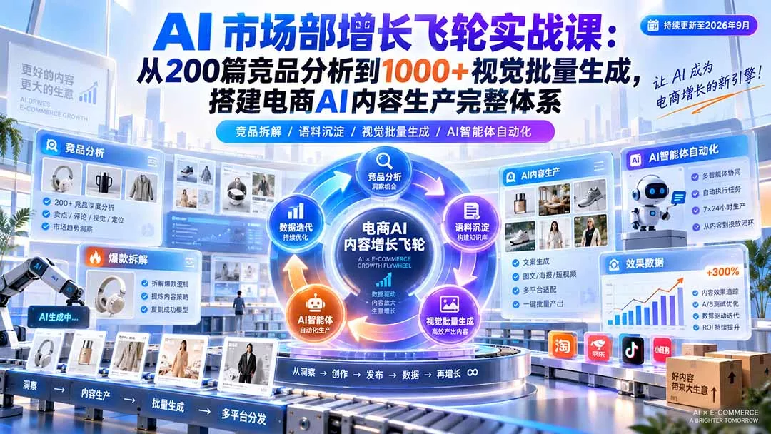 AI 市场部增长飞轮实战课：从200篇竞品分析到1000+视觉批量生成，搭建电商AI内容生产完整体系网创项目-知识付费-在线课程-自媒体创业-网络副业-优利资源优利资源网