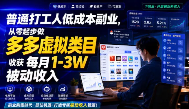 普通打工人低成本副业，从零起步做多多虚拟类目，收获每月1-3W被动收入【揭秘】网创项目-知识付费-在线课程-自媒体创业-网络副业-优利资源优利资源网